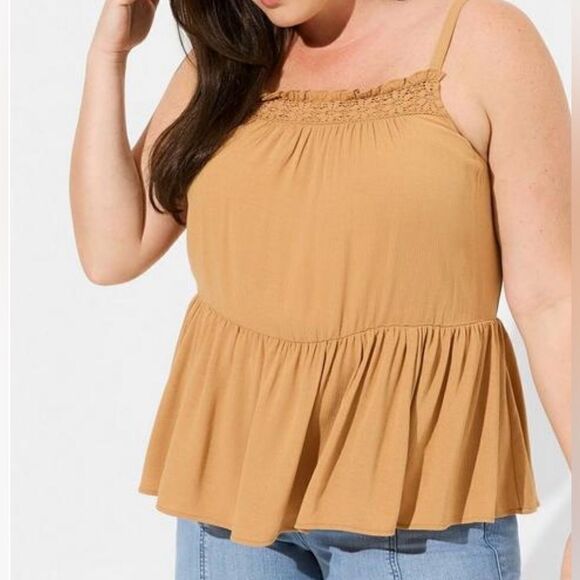 torrid Tops - Torrid Cottagecore Boho Tank Tan/Brown Crochet, Ruffle bottom, NWT 2X